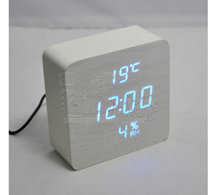 VST-872-S-5 часы настольные в деревянном корпусе с датчиком влажности с синими цифрами