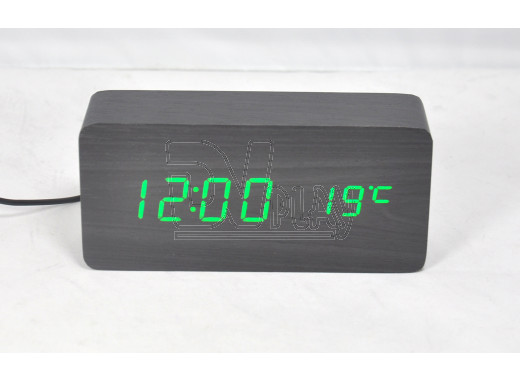 VST-862-4 часы настольные в деревянном корпусе (черный корпус, зеленые цифры)