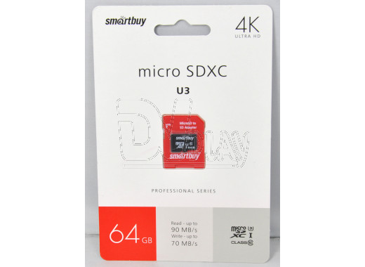 microSDHC 64Gb Smart Buy Class 10 Pro UHS-I U3 с адаптером